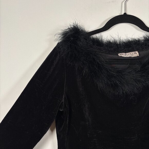 Vintage Black Velvet Feather Trim Top Y2K Party Holiday Glam Whimsigoth Size L - Picture 5 of 7